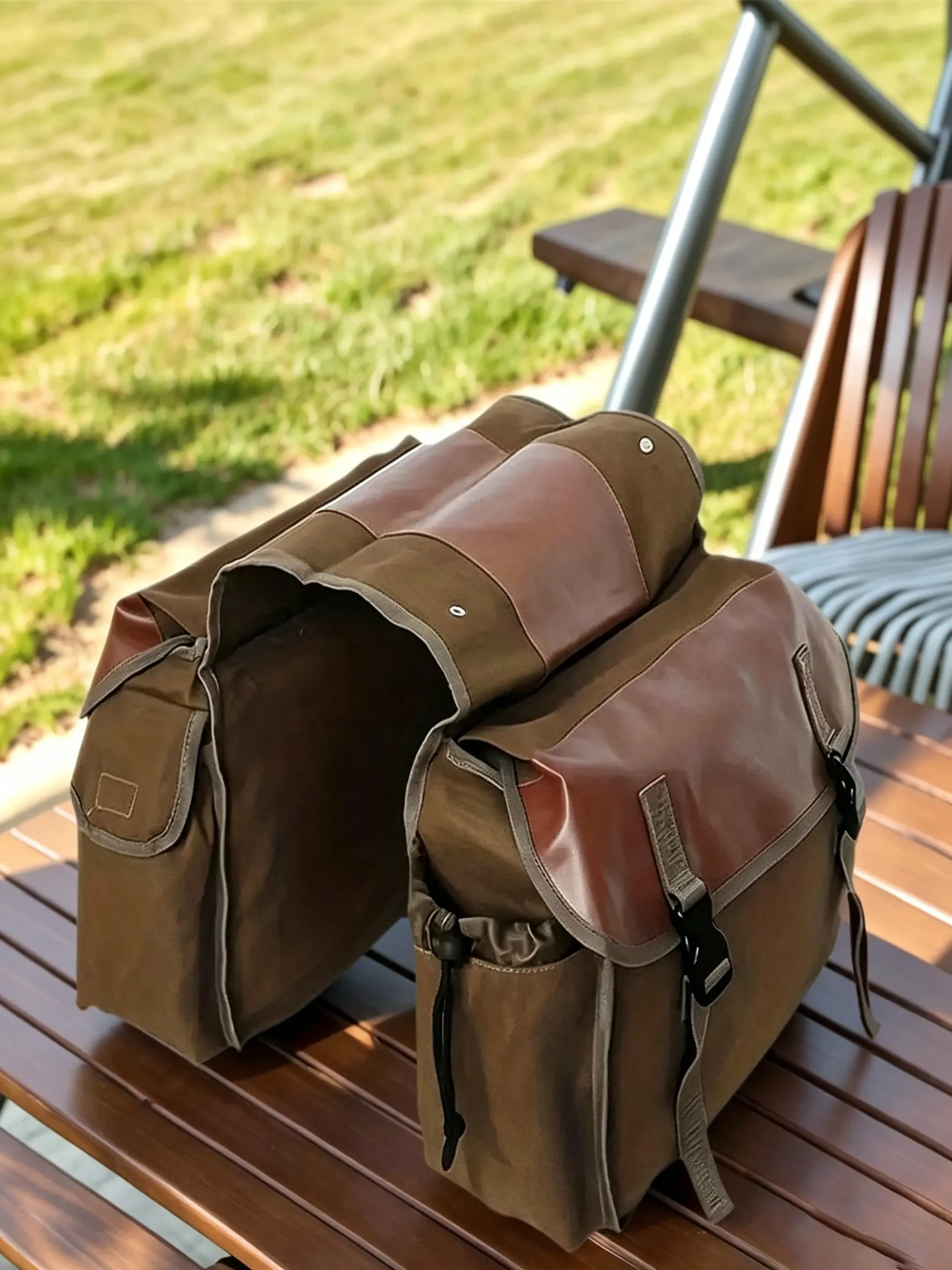 Retro double-sided bike pannier bag spliced with canvas and faux leather, waterproof rear rack bag with multiple pockets, compatible with bicycles and motorcycles, for city riding, camping and long-distance travel storage