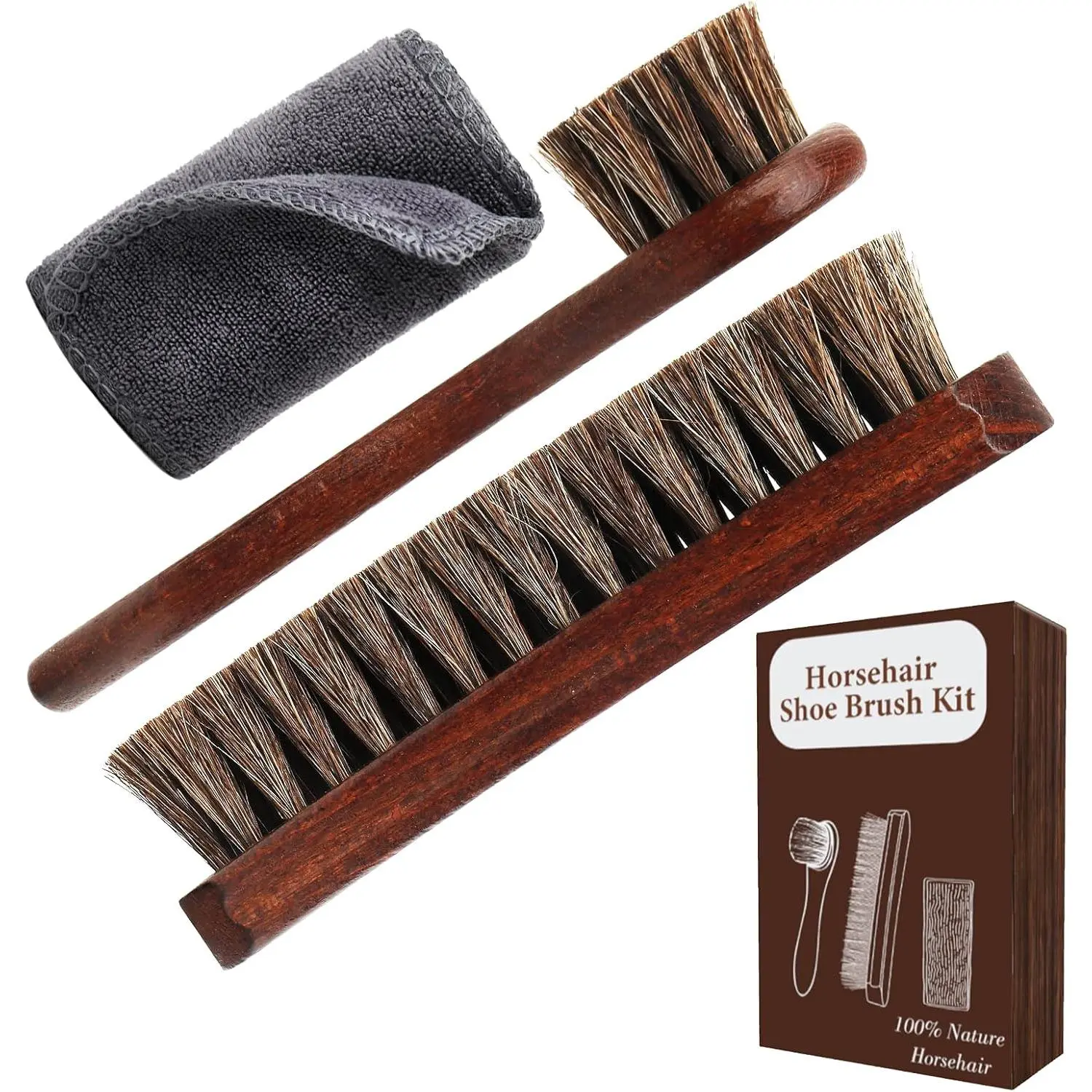 3-  Horse Hair Shoe Brush Kit for Leather Care – Professional Dauber Applicators and Polishing Brushes with Cleaning Cloth for Leather Shoes, Boots, Bags, Jackets &  Detailing