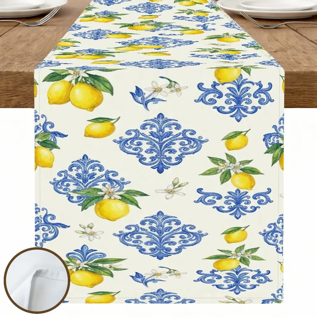 1pc Lemon Floral Blue Damask Table Runner, Vintage Style, Watercolor Style Print, for Dining Table Kitchen Decor Home Decor Seasonal Table Decor