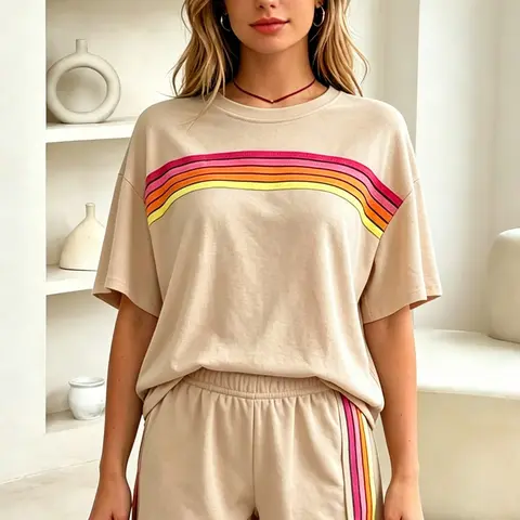 Two-piece women's fashion casual sportswear set, loose and slim-fit with rainbow striped design, Athleisure Fashion Apparel perfect for summer, vacations, indoor, and outdoor wear