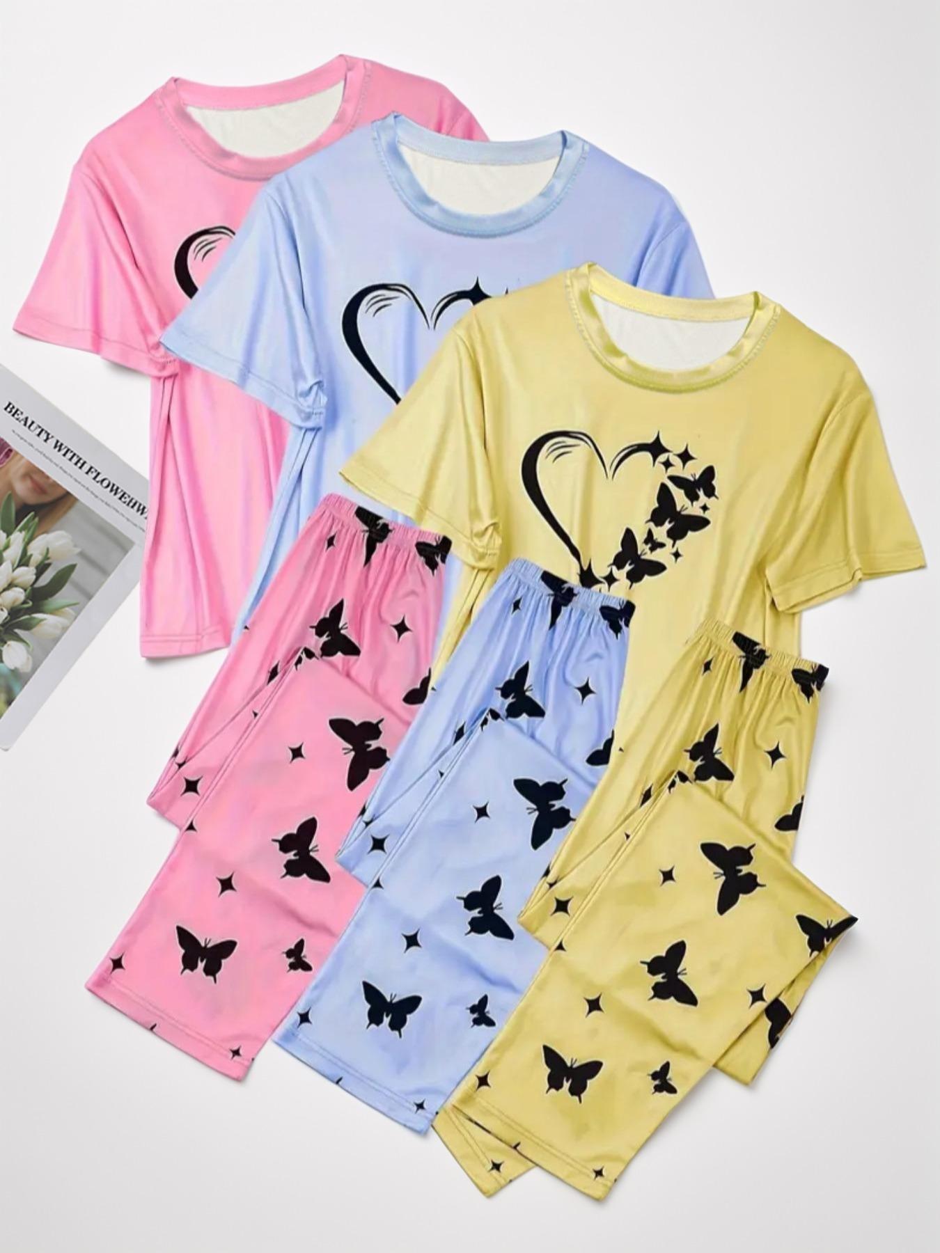 6 Counts Women's Heart & Butterfly Print Pyjama Set, Short Sleeve Tee & Elastic Waist Pants Loungewear Set, Women Cute Nightwear, All Seasons Nightwear, PJ Sets for Women, Casual Sleepwear Loungewear, Love Print Sleepwear, Summer Outfits 2024 6 Counts Women's Heart & Butterfly Print Pyjama Set, Short Sleeve Tee & Elastic Waist Pants Loungewear Set, Women Cute Nightwear, All Seasons Nightwear, PJ Sets for Women, Casual Sleepwear Loungewear, Love Print Sleepwear, Summer Outfits 2024