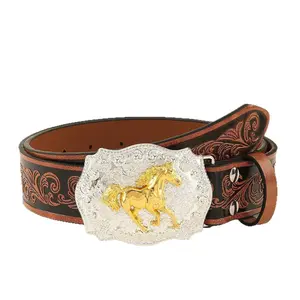 Vintage Western Running Horse Large Plate Buckle Belt Floral Embossed Rivet Decor PU Leather Waist Belt Light Brown For Men Rodeo Punk Country Jeans Outfit