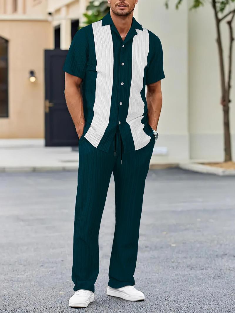 Men's Short Sleeve Shirt & Pants Two-Piece Set, Casual Button Top & Trousers for Summer, Men's Two-piece Set for Daily Wear, Matching Clothing Set