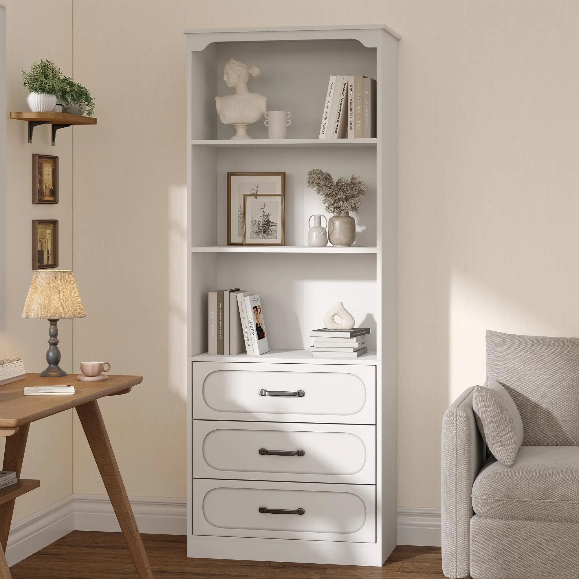 Garvee Bookshelf with 3 Drawers 70" h Tall Bookcase with 3Tier Open Shelves