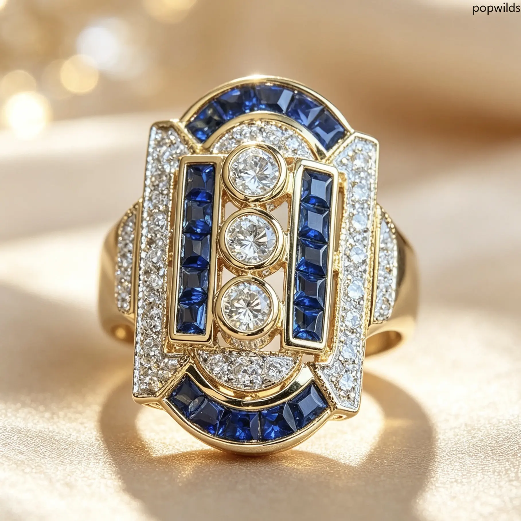 Gold Plated Full Paved Sapphire Ring for Women, Luxury Fashion Jewelry, European American Wedding Engagement Ring