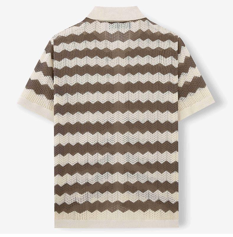 Men's Vintage Hong Kong Style Wave Pattern Hollow Knit Shirt with Turn-down Collar, Summer Short Sleeve Casual Polo Shirt