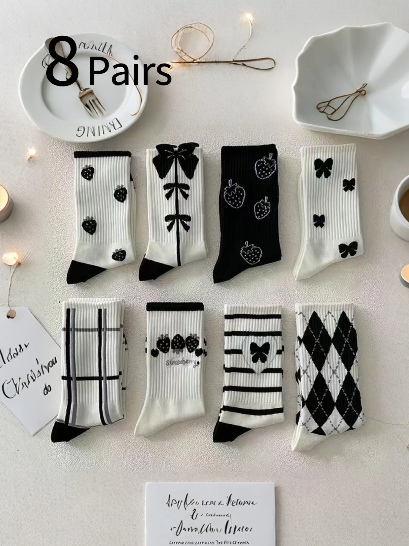8 Pairs Women's Crew Socks, Striped Strawberry Bow Design, Cute Sweet Lolita Style, Comfortable Soft Long Socks, All Seasons