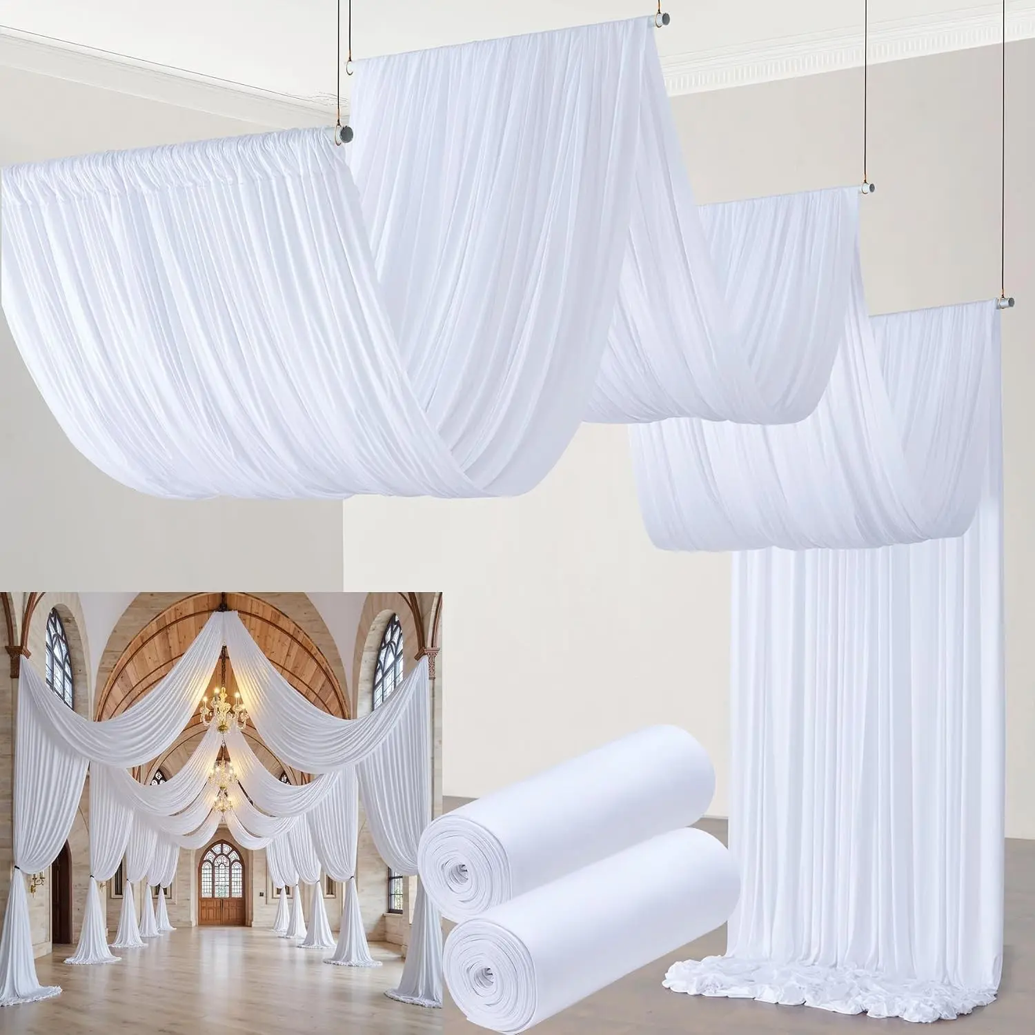 10ftx30ft White Ceiling Drapes Wrinkle Free Polyester 2 Panels Long Tent Curtains Draping Cloth Arch Drapery for Wedding Birthday Party Event Tent Canopy Venue Decoration