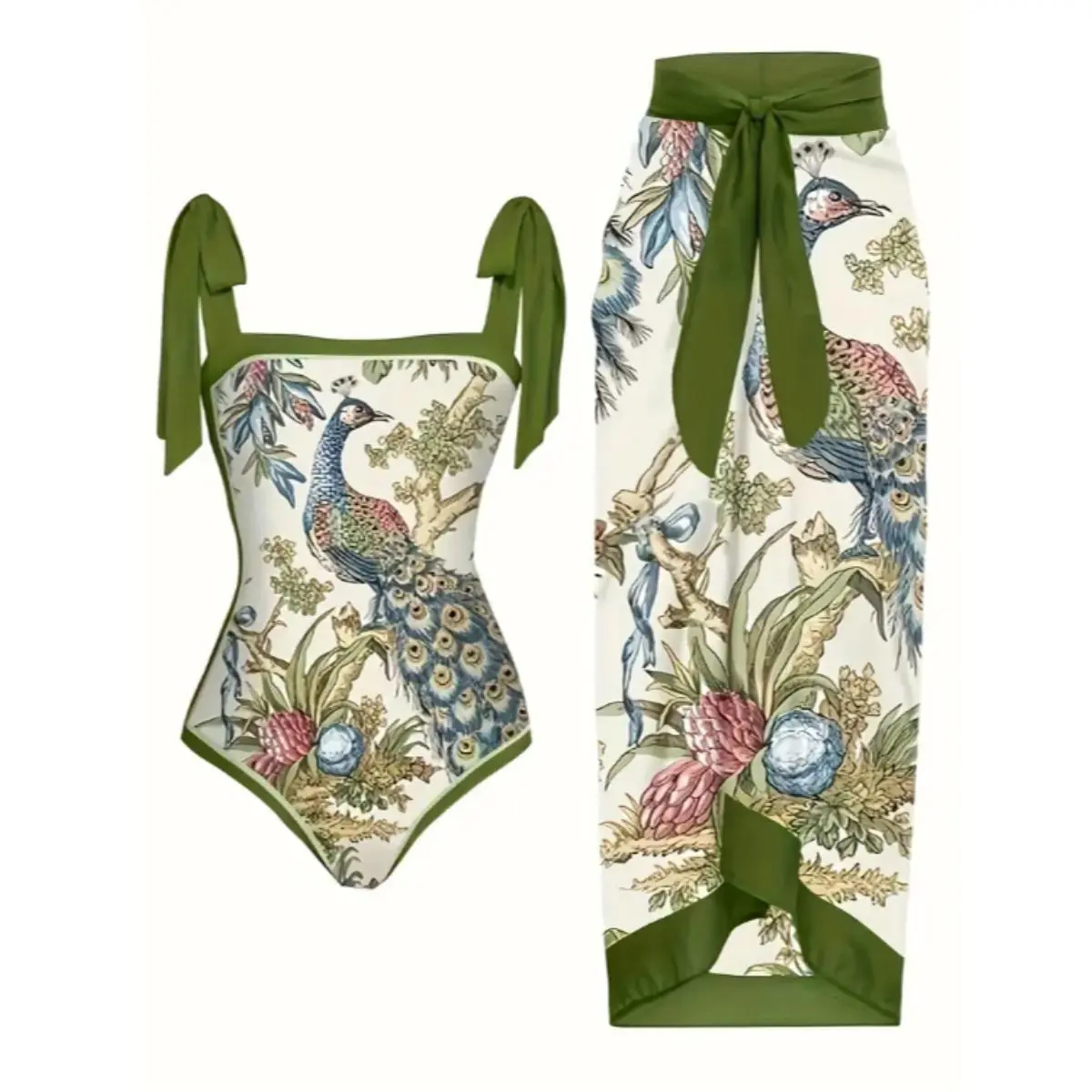 2026 New Women 2 Piece Vintage Peacock Print Swim Set, Tie Shoulder Square Neck One Piece Swimsuit Matching Wrap Tie Midi Cover Up Skirt Tummy Control Elegant Beach Bathing Suit for Resort Pool Vacation #SwimWeek #SummerVibes