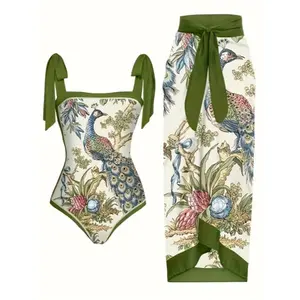 2026 New Women 2 Piece Vintage Peacock Print Swim Set, Tie Shoulder Square Neck One Piece Swimsuit Matching Wrap Tie Midi Cover Up Skirt Tummy Control Elegant Beach Bathing Suit for Resort Pool Vacation #SwimWeek #SummerVibes