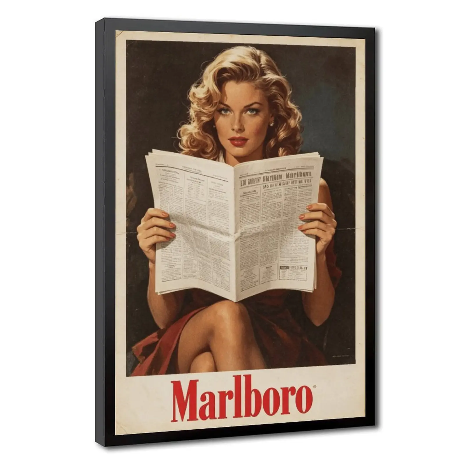 Vintage Marlboro Style Poster Canvas Wall Art, Retro Cigarette Advertisement Print, Classic 1950s Pin Up Girl Artwork, Framed Wall Decor for Bedroom, Bar, Man Cave, Home Decoration