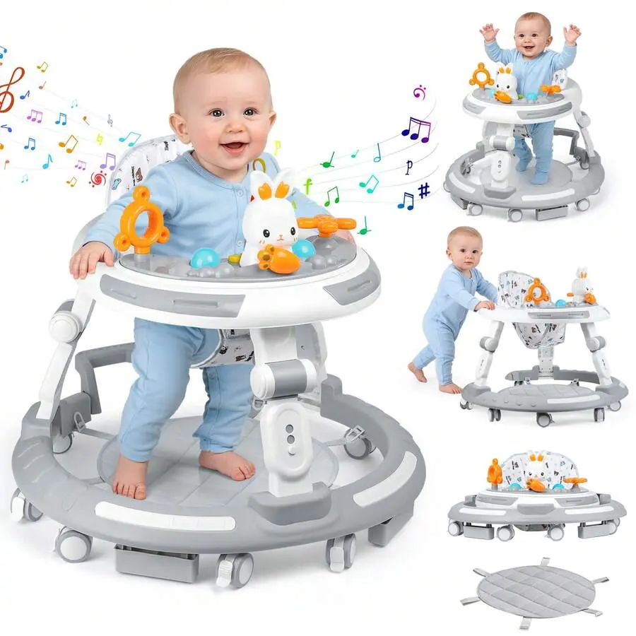 Unisex 4-in-1 Baby Walker & Activity Center Toy - Safe Anti-Rollover Toddler Push Walker with Adjustable Height, Folding Design, 8 Silent Wheels, Anti-Slip Strips, Converts to Dining Chair