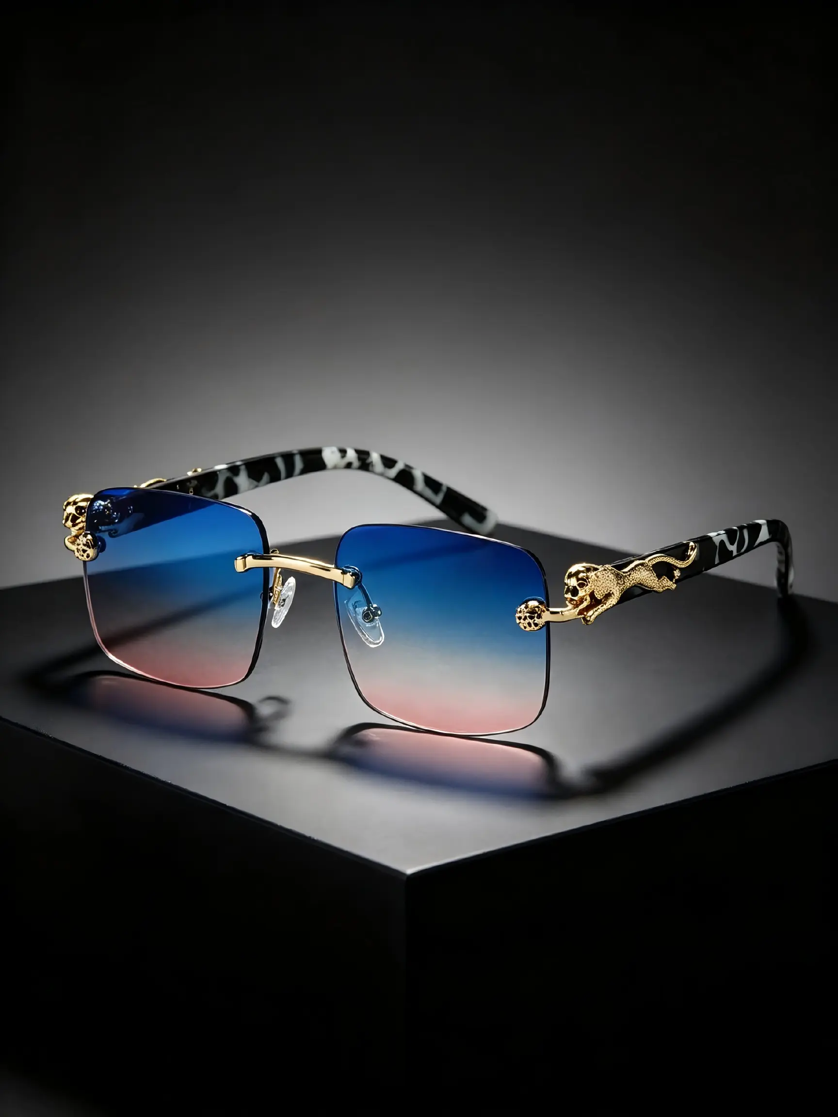 New Fashion Square Frameless Men's Glasses, Unique Leopard Temple Design, Stylish Unisex Eyewear, Trendy Accessory for Daily Wear
