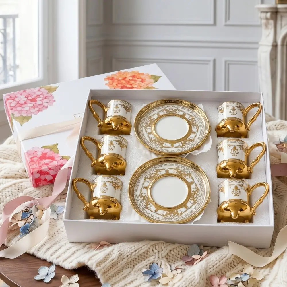 Gold Plated Ceramic Coffee Cup and Saucer Set, Cup Sets for Kitchen, 1 Set / 6 Sets, 90ml (3.04oz), White & Gold Arabic Espresso Cups, Matcha Tea Cups, Suitable for Cappuccino, Latte, Mocha, Tea, for Cafe, Restaurant, Birthday Gift Tableware Set