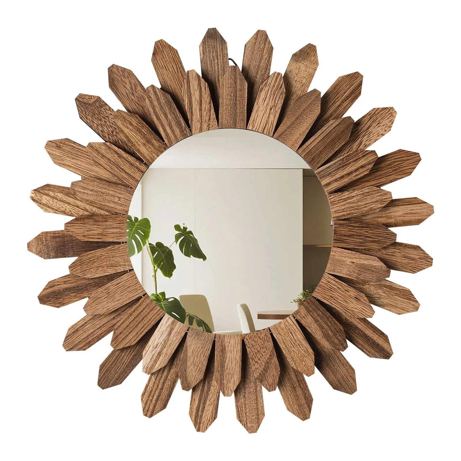 Wall Mirror Decorative 12-Inch Rustic Wood Boho Sunburst Wall Mirrors For Living Room Hallway And Bedroom Distressed Farmhouse Style Hand-Finished Beveled Glass Wide Frame Easy Wall Mount Reflective Surface Durable Construction