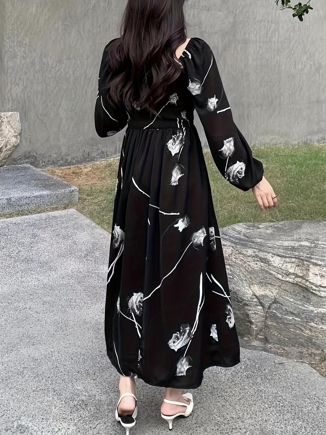 Women's Floral Print Dress, Elegant Fashion Casual Fitted A Line Dress for Daily Outdoor Wear, Women Dress for Spring Fall