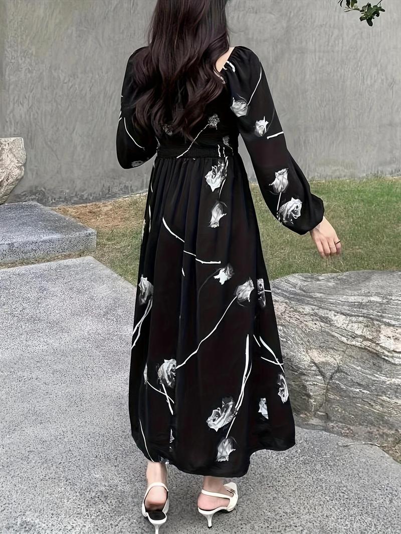 Women's Floral Print Dress, Elegant Fashion Casual A Line Dress for Daily Outdoor Wear, Women Dress for Spring Fall