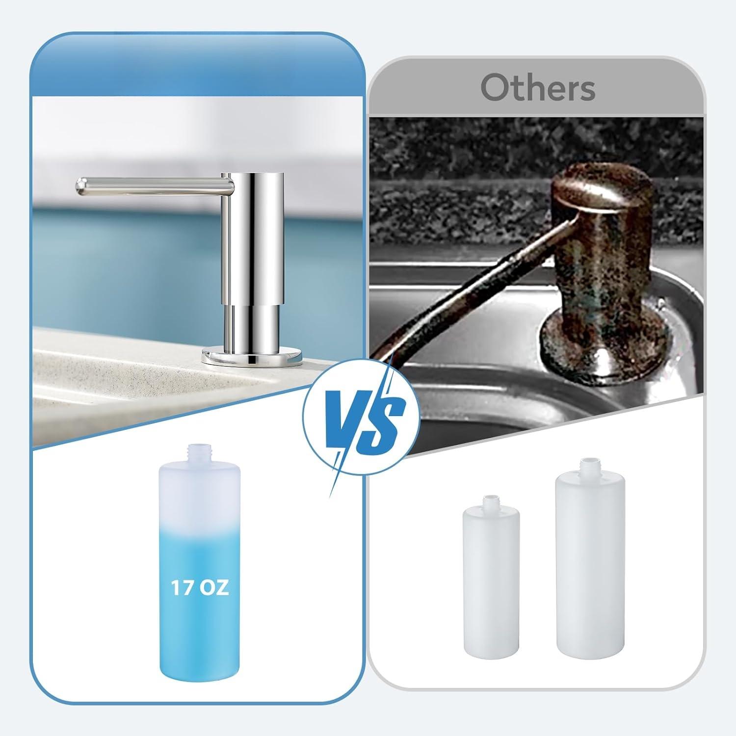 Kitchen Sink Soap Dispenser with 17 OZ Bottle and 40" Extension Tube Kit, Stainless Steel Built-in Soap Dispenser for Kitchen Sink or Countertop, In or Under Sink Installation, Polished Chrome