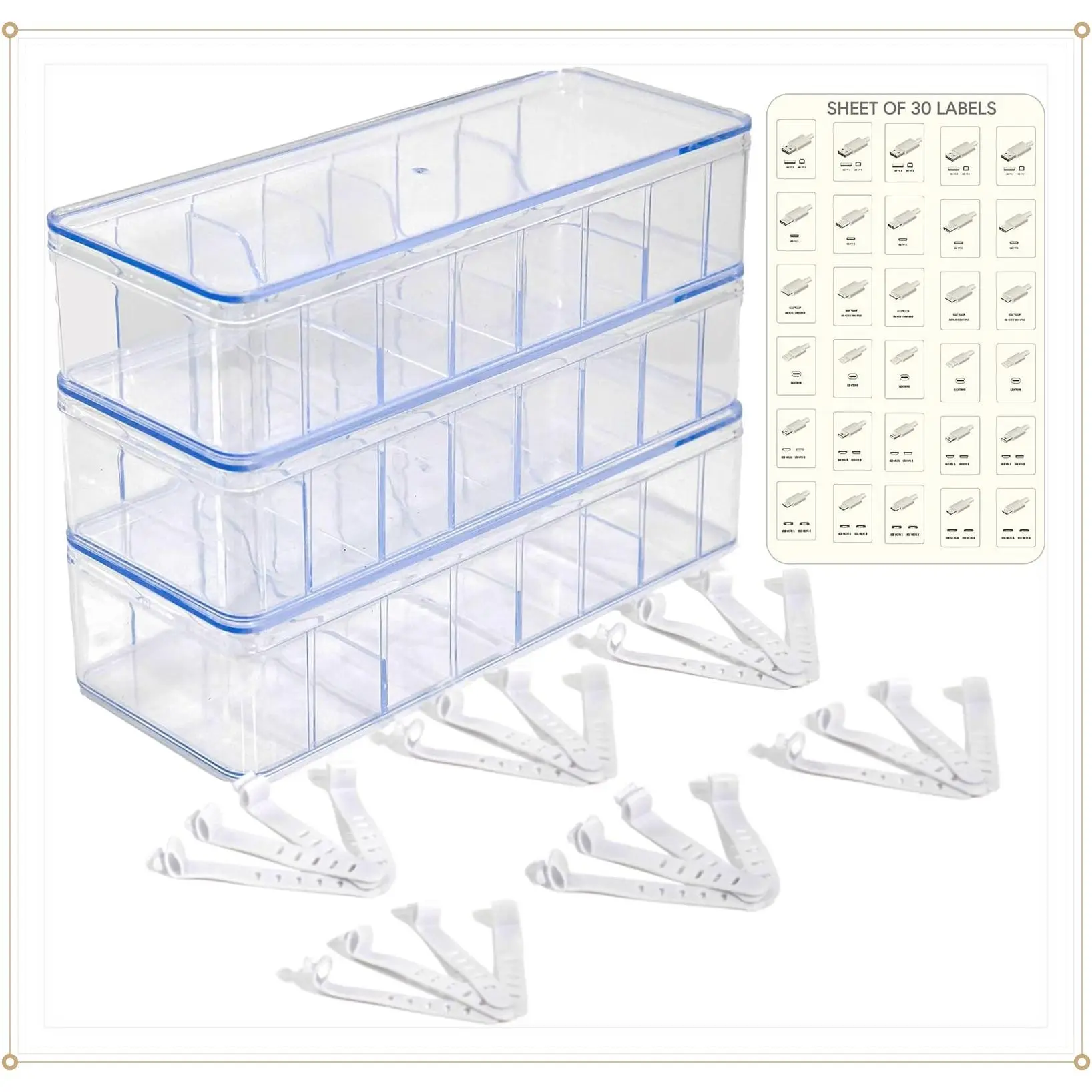 Set of 3 Stackable Cable Organizer Boxes with Lids & Labels – Multiuse Cord Storage Case for Desk, Charger Cords, and Junk Drawer OrganizationGift