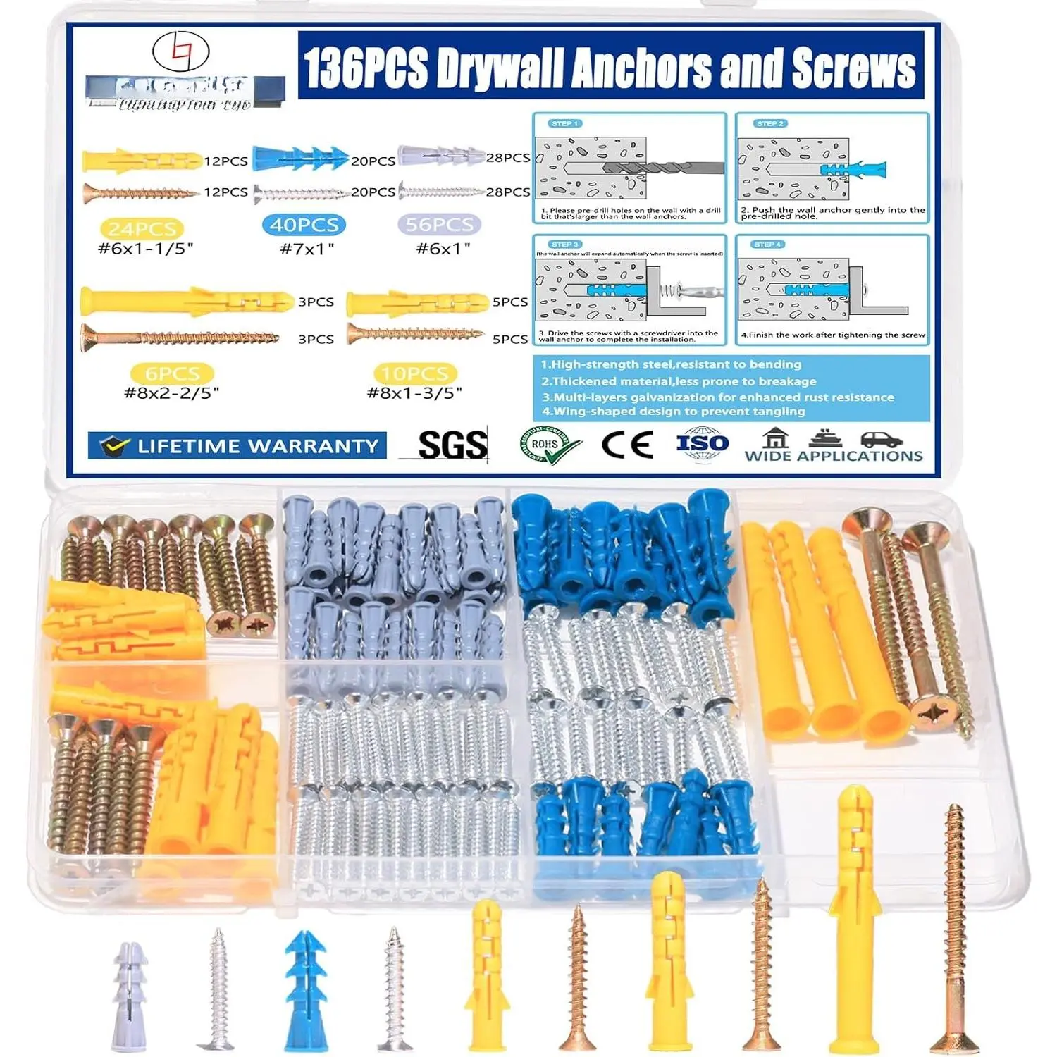 136 count Drywall Anchors and Screws  Kit, 68Plastic Dry Wall Expansion Anchors and 68  Flat   Screws, 5 Sizes Wall  Kit for Shelves, Pictures, Curtains, Art