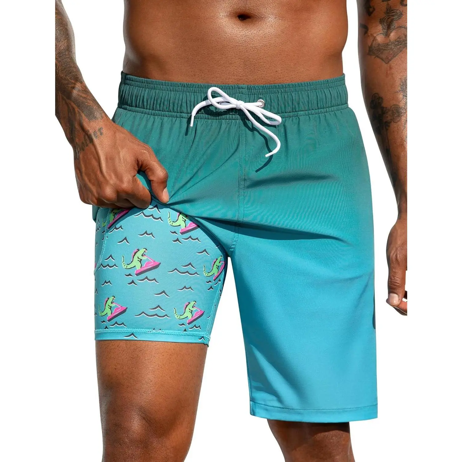 Mens Swimming Trunks with Compression Liner 2 in 1 Quick-Dry 9" Swim Shorts with Zipper Pockets
