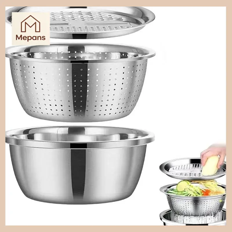 3-in-1 Stainless Steel Kitchen Strainer Set, Multifunctional Basin Sieve & Cutter for Washing Rice, Fruits & Vegetables, Fast Draining, Easy Cleaning, Durable Food Prep Tool