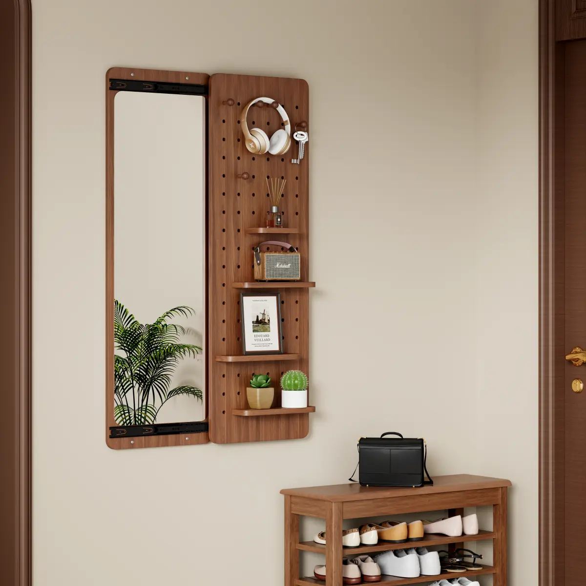 Retro 100% Solid Wood Rectangle Pegboard Grid Mirror Shelf - Wall-Mounted Single Unit, Sturdy Hooks, Sliding Door, 40-49 in, No MDF, Multifunctional Bedroom Decor Furniture, Entryway