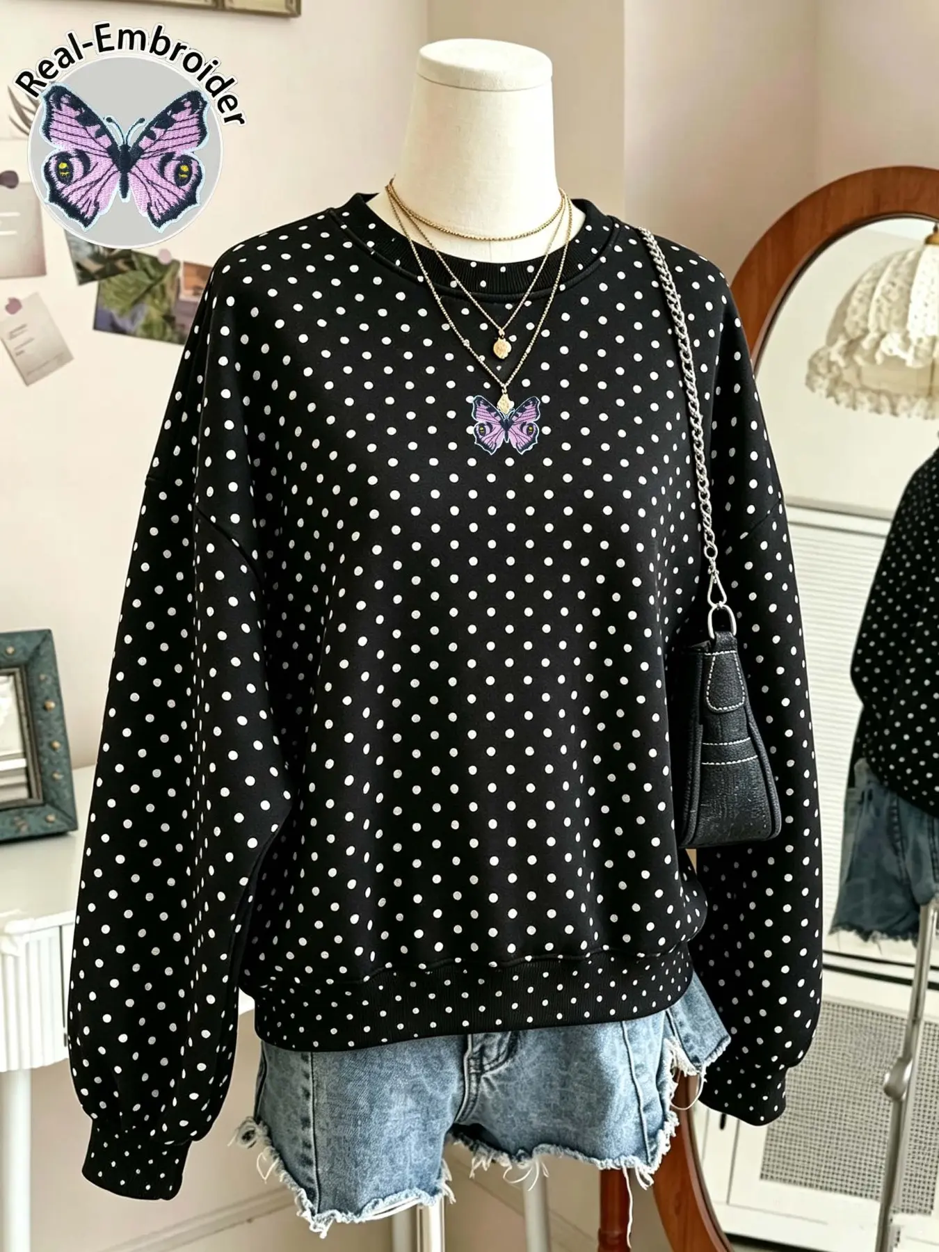 Women's Soft Butterfly Embroidery Polka Dot Long Sleeve Sweatshirt, Casual Loose-Fitting Loungewear Top, Fall & Winter Cozy Sweatshirt