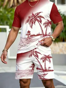 Men's Coconut Tree Print Short Sleeve Set, Summer Beach Casual Two-Piece, Trendy Quick-Dry Sports Wear, Comfortable and Stylish