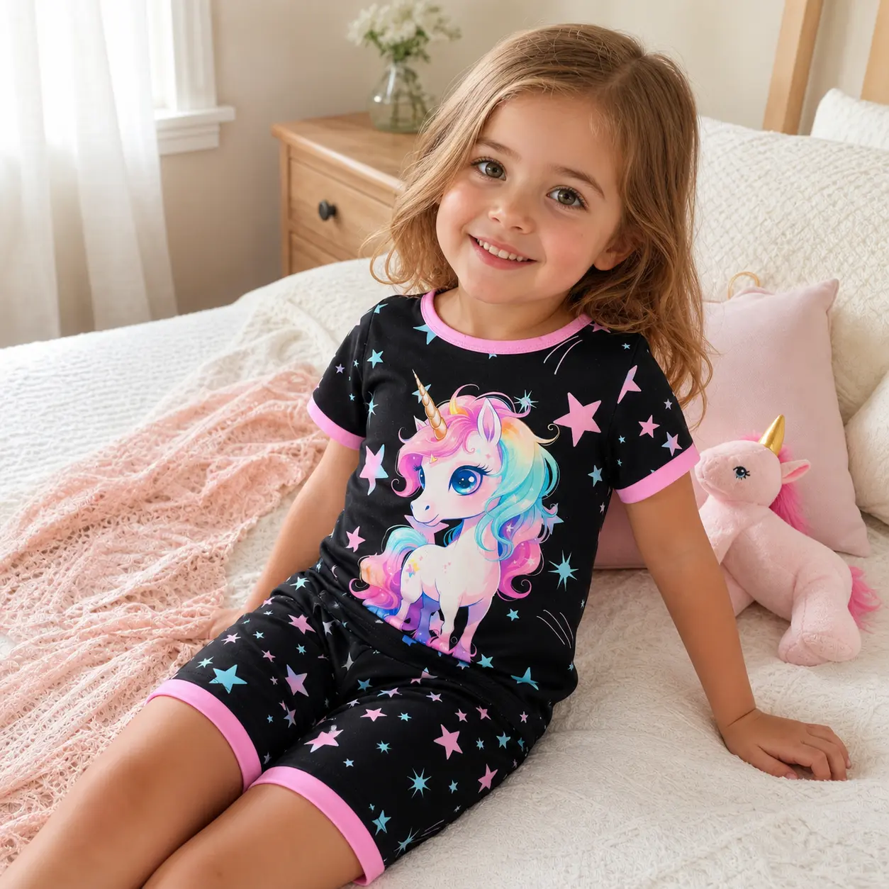 Girls Unicorn Pajama Set with Glow-in-the-Dark Star Print, Short Sleeve Top and Shorts Summer Sleepwear