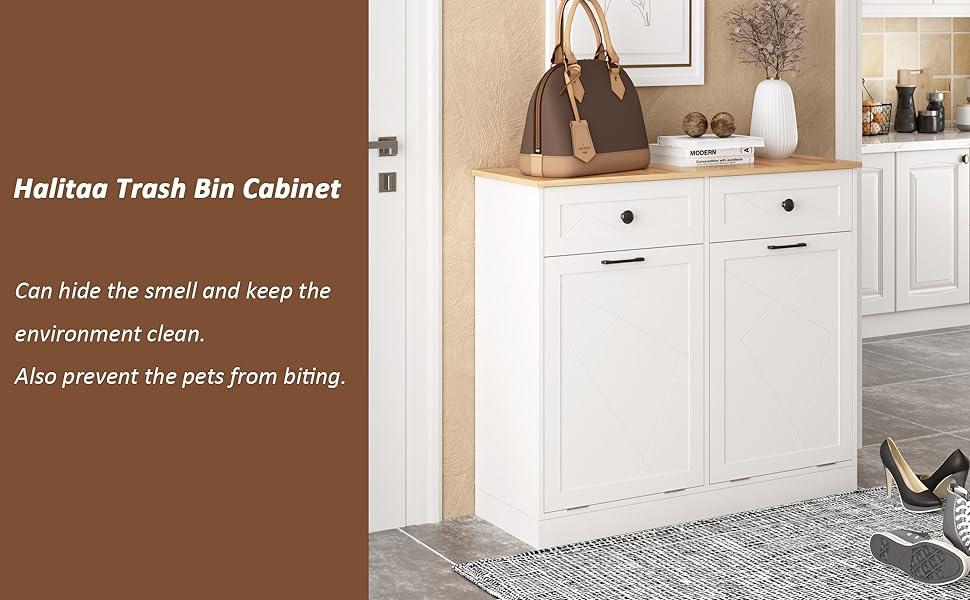 Vabches Trash Cabinet Double Trash Can, Free Standing Recycling Trash Cabinet With 2 Drawers For Kitchen