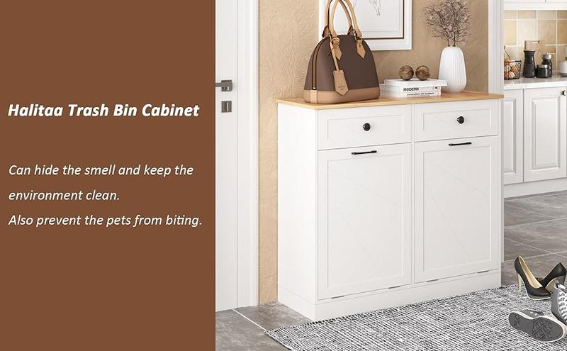 Vabches Trash Cabinet Double Trash Can, Free Standing Recycling Trash Cabinet With 2 Drawers For Kitchen