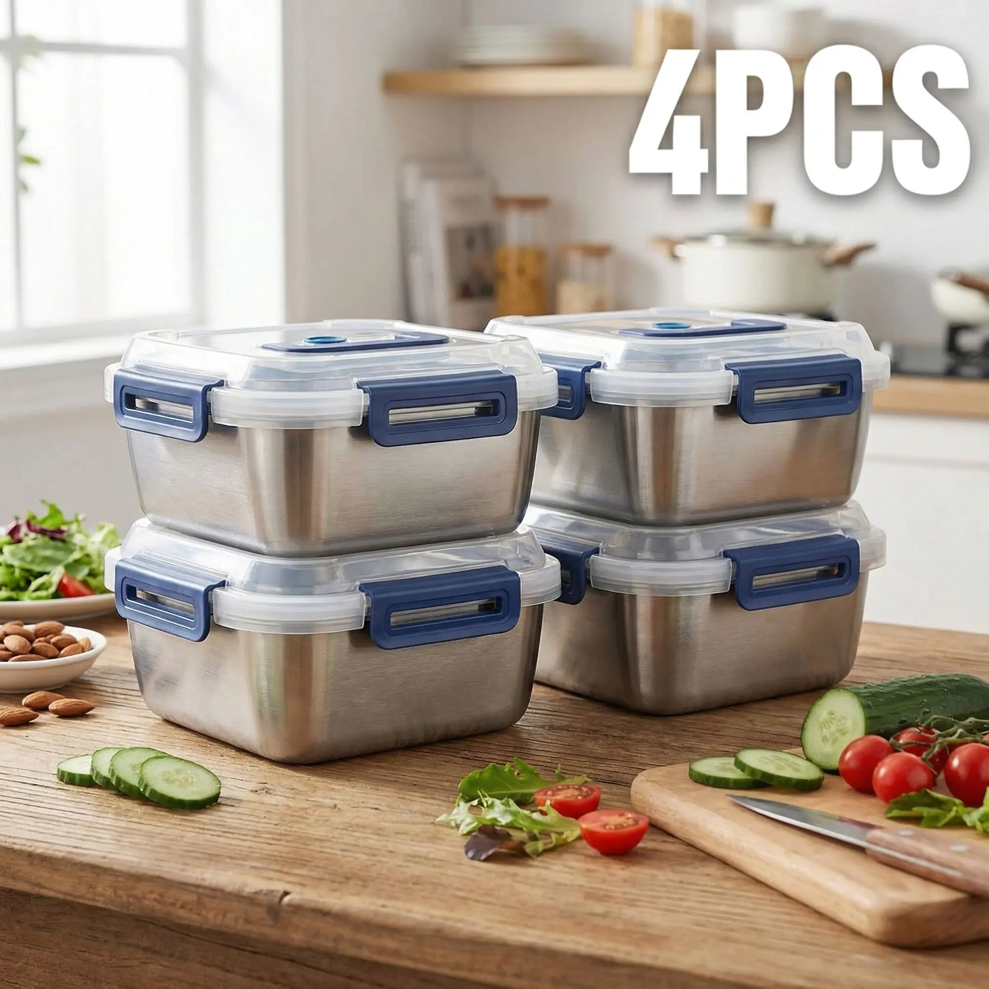 Yakimoto 2/4/6/8/10 PCS Extra-Large Stainless Steel Food Storage Containers With Blue Lids - Deep Design, Airtight Seal, Perfect For Refrigerator Organization, Meal Prep, Lunch Boxes & Kitchen Pantry