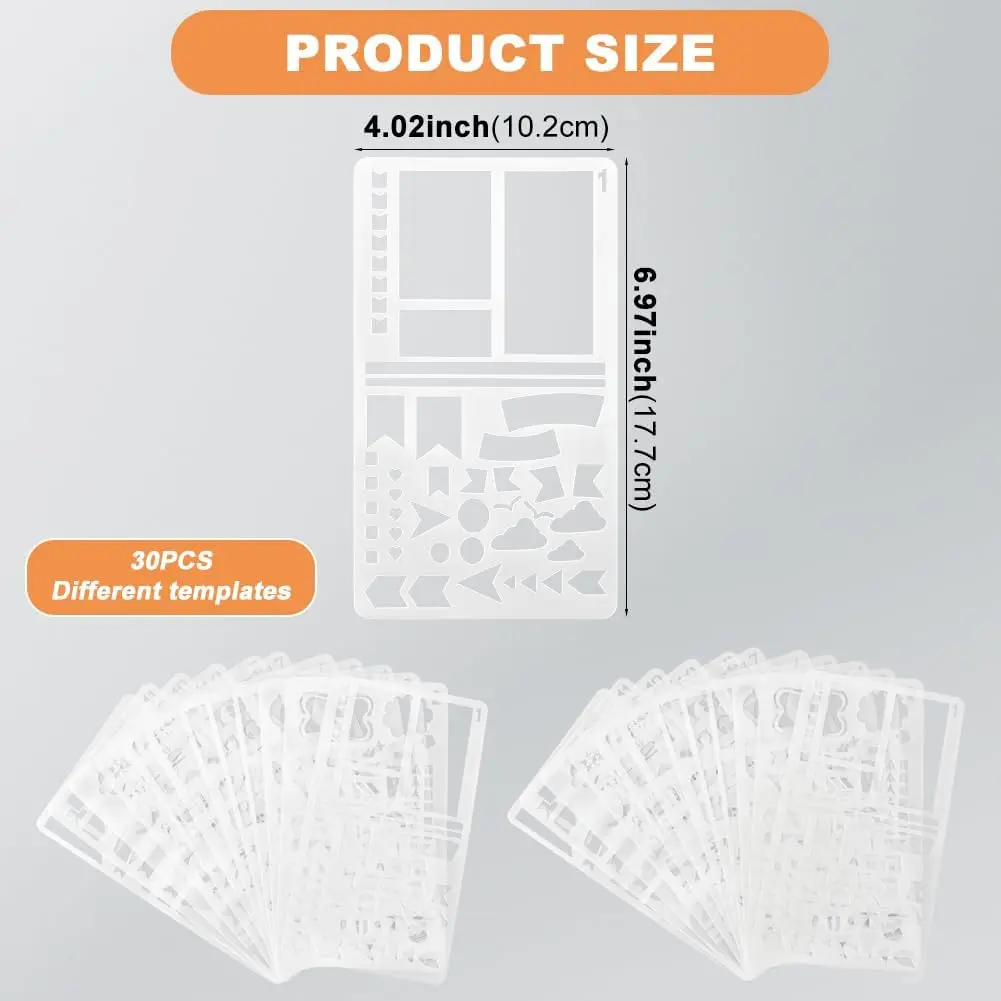 30pcs Journal Stencils Planner Stencils for Junk Journal Notebook Diary Happy Planner Stencil for Journaling DIY Drawing Templates 4x7 Inch (30pcs/White)