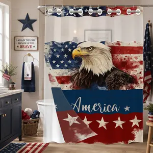 1 Pc Hookless Double Layer Shower Curtain, Vintage American Flag & Bald Eagle Print, Machine Washable Waterproof Mildew Resistant Fabric, Patriotic Home Bathroom Decor, Removable Snap-in Liner, Top See-Through Curtain, Bathroom Divider - 71"×74"