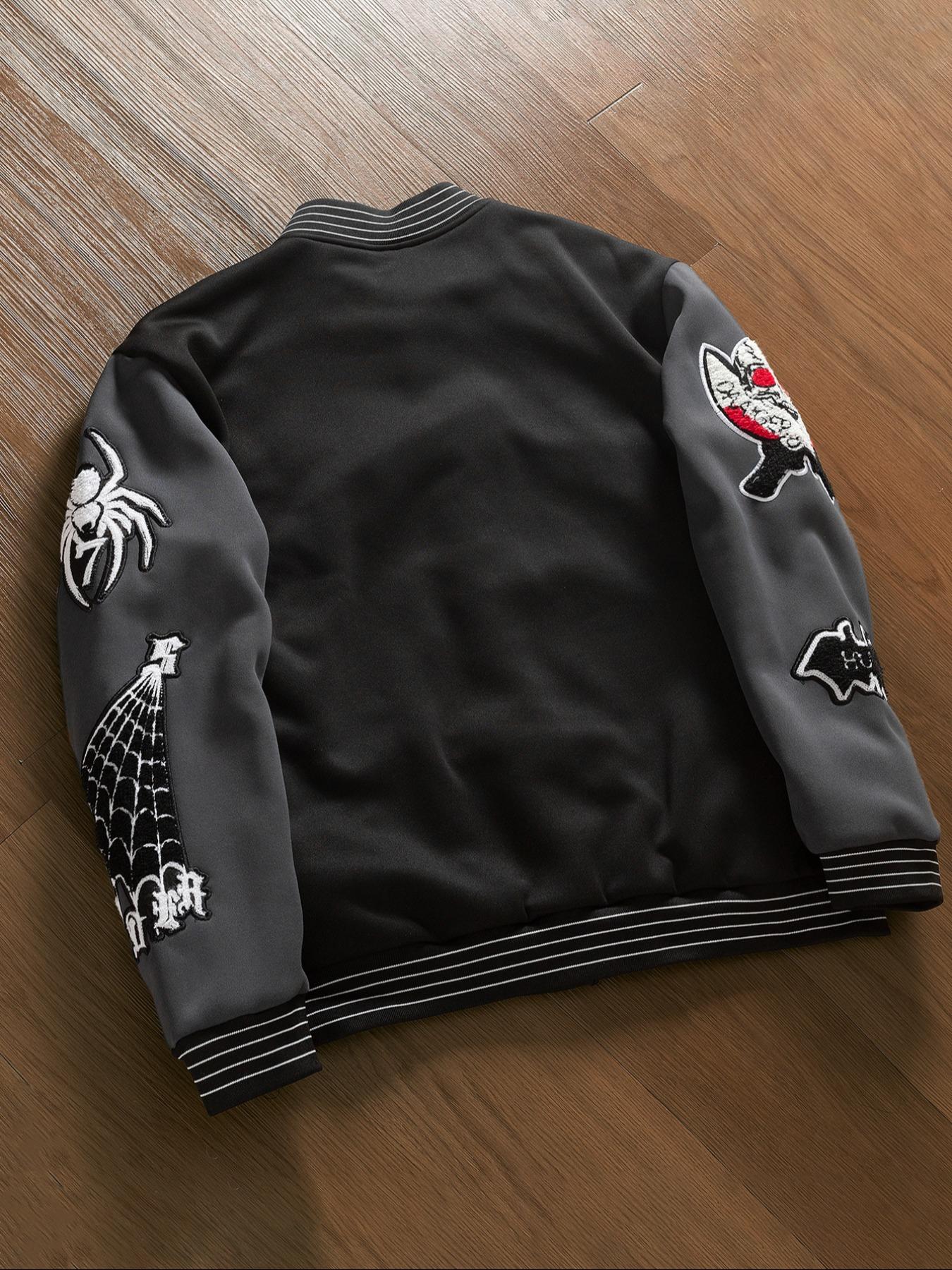 Unisex Men's Letter & Bat Patched Varsity Jacket, Regular Fit Casual Street Long Sleeve Button Front Outerwear for Fall & Winter, Men's Clothes for Daily Wear