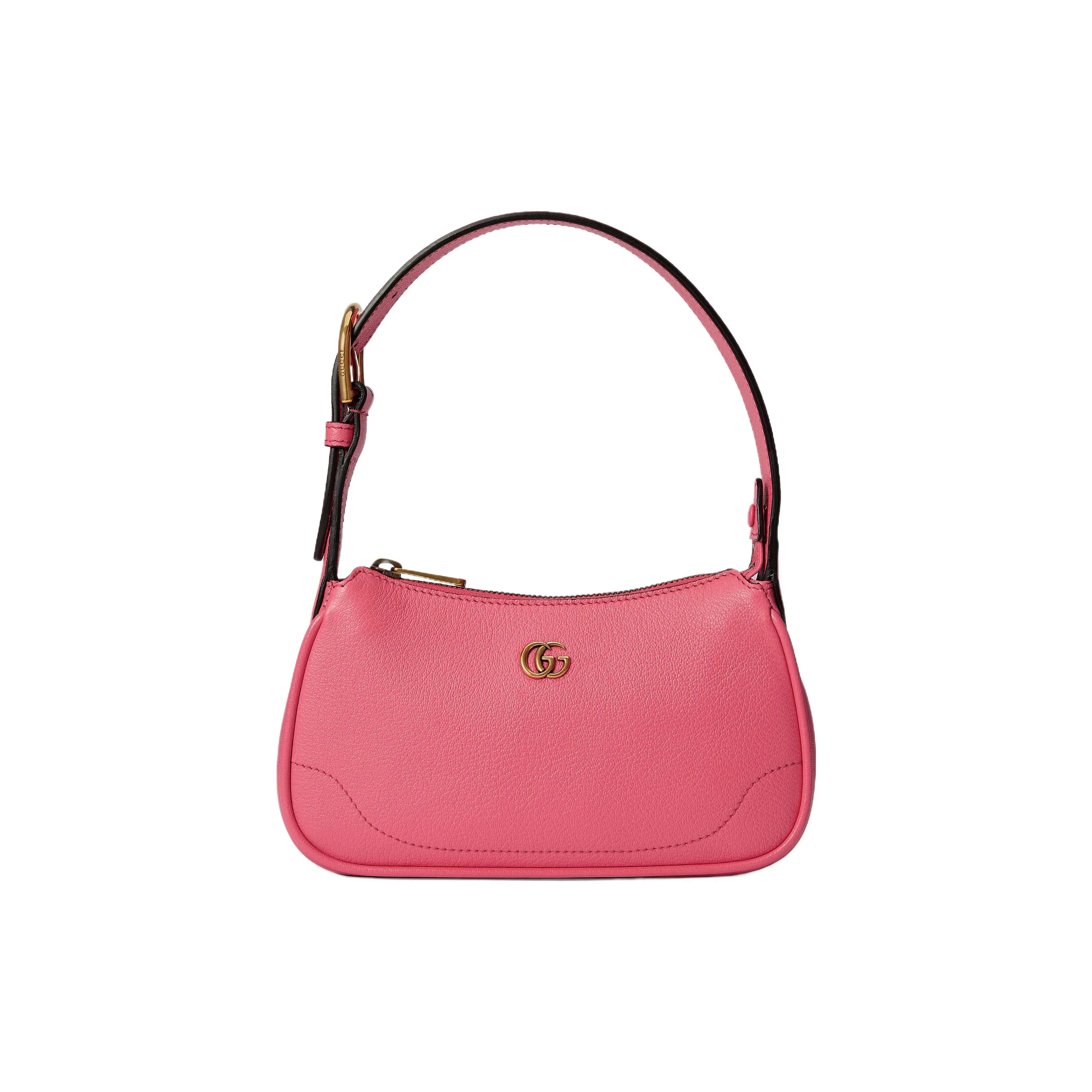 Gucci Aphrodite Distressed Gold Double G Zip Top Handle Crossbody Bag for Women, Mini Pink Leather Bag
