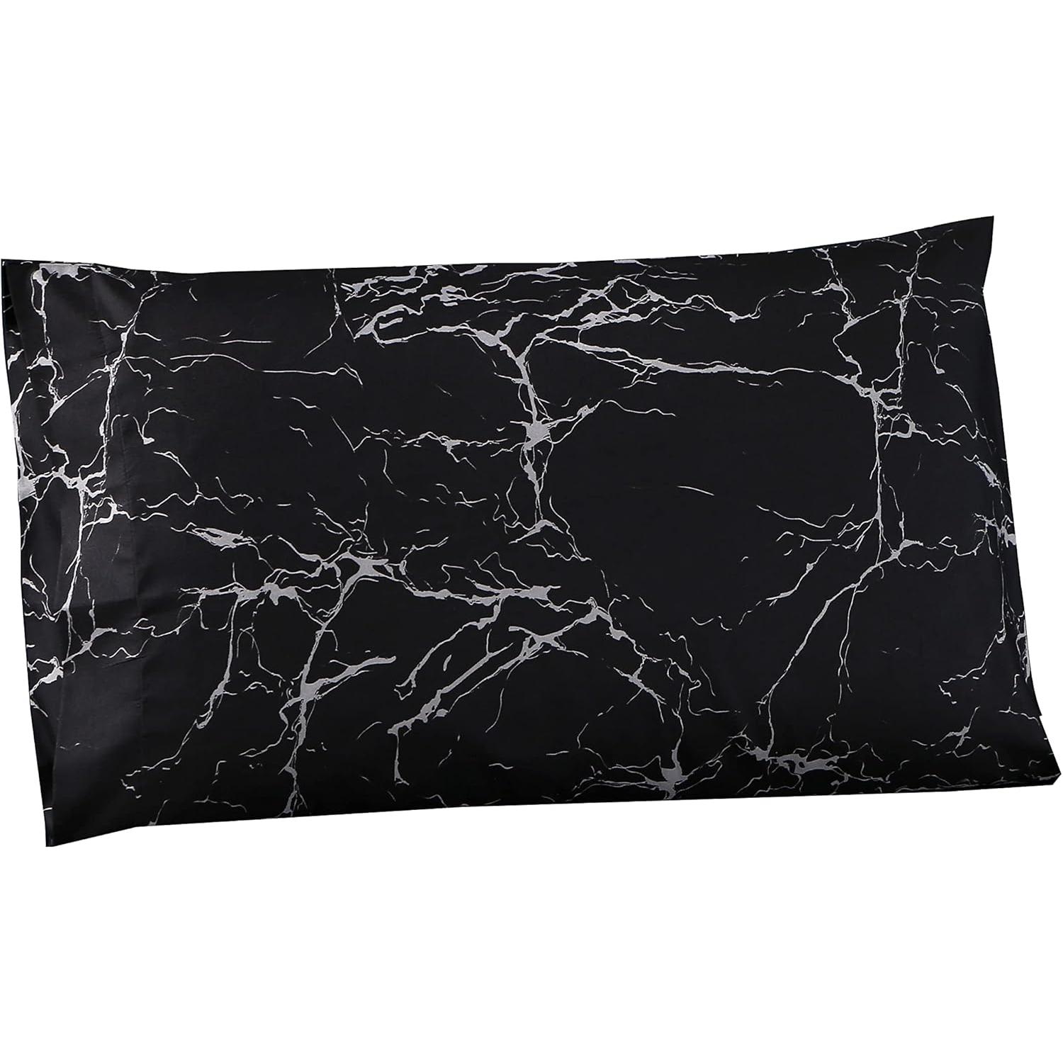 3 count Black Marble Sheet Set,Soft Microfiber Bed Sheet,Marble Bedding Sheet Set Included 1 Fitted Sheet with 2 Pillowcases,14 Inches Deep (, Black)