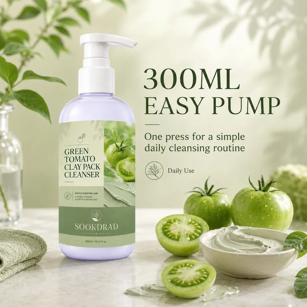 Green Tomato Clay Pack Cleanser, green tomato, clay, gentle purifying, soothes, hydrates, supports skin balance, face, 10.14 fl oz, 300ml