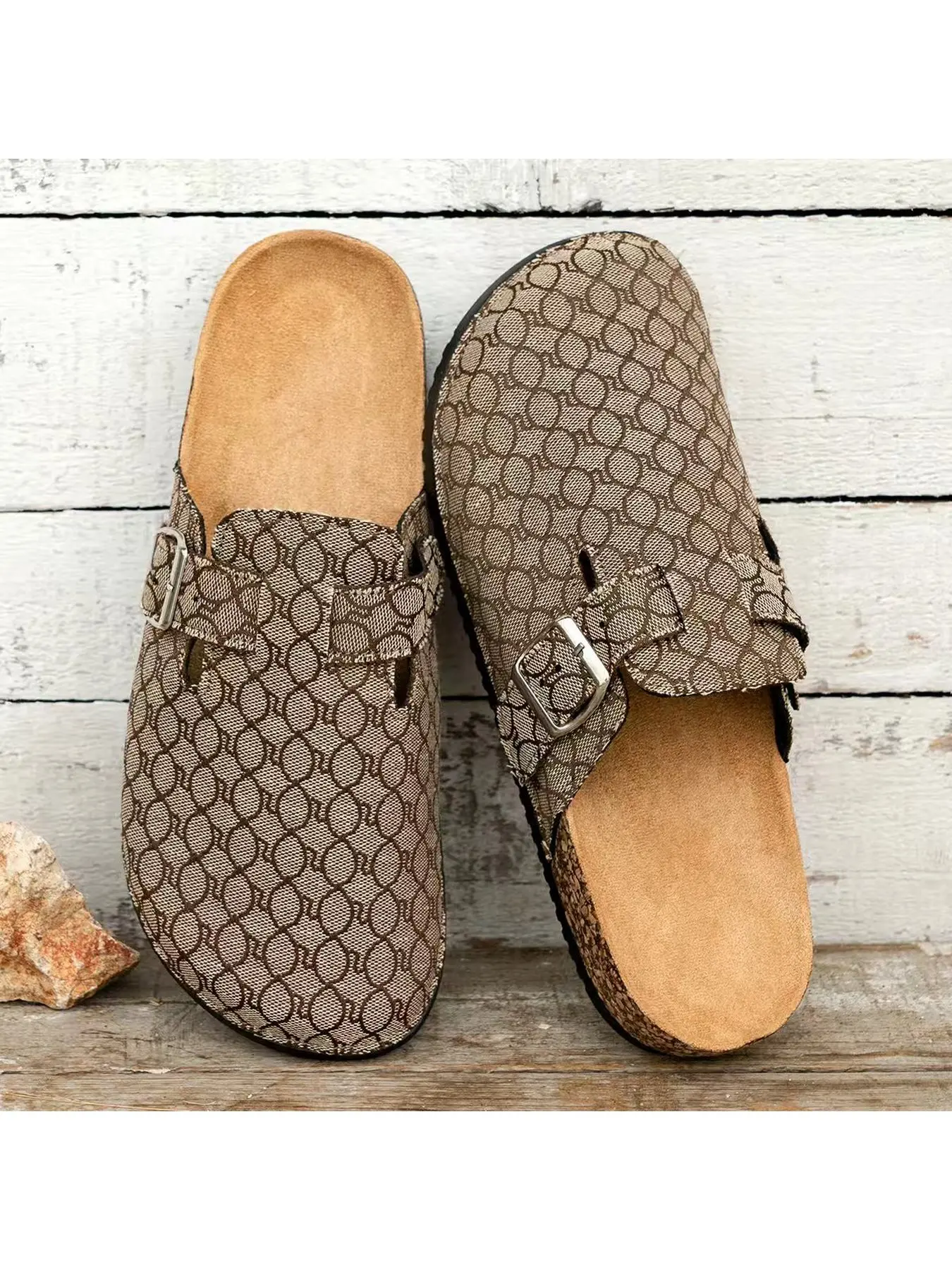 Unisex Vintage Circle Geometric Print Clog Mules, Adjustable Buckle Clogs Backless Cork Footbed Slides, Casual Outdoor Walking Shoes for Men & Women