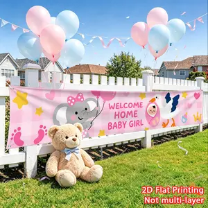 1pc Baby Party Banner Pink Elephant Crane Female Treasure Welcome Banner Large Banner, Fence Decoration Banner HD Printing Suitable for Baby Party Decoration, Outdoor Fence Porch Wall Decoration