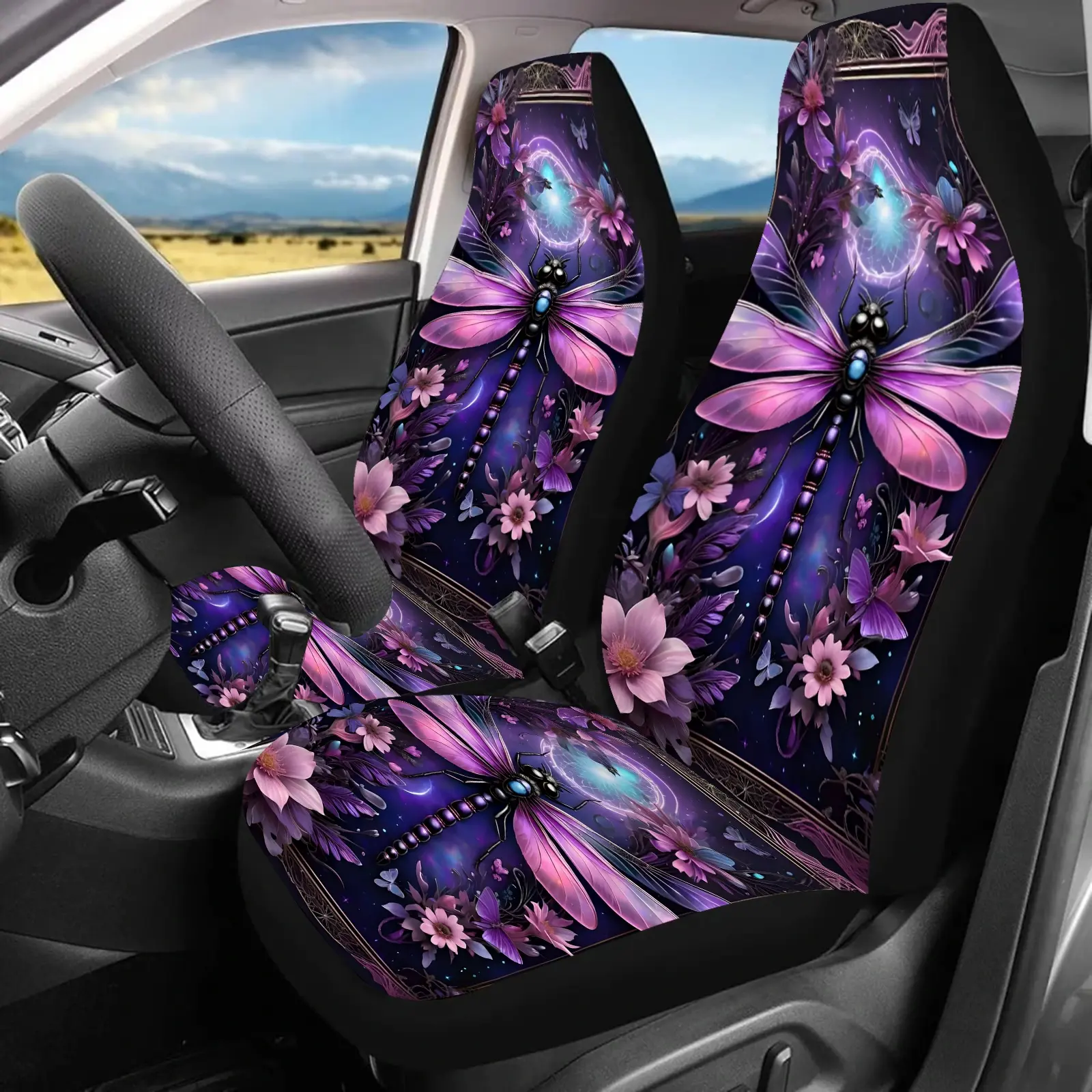 2pcs Vibrant Purple Flower & Dragonfly Car Seat Covers - Universal Fit for Car, SUV, Sedan, Truck | Non-Woven Fabric, Sponge Filler | Ideal Gift for Family & Friends, Car Seat Covers