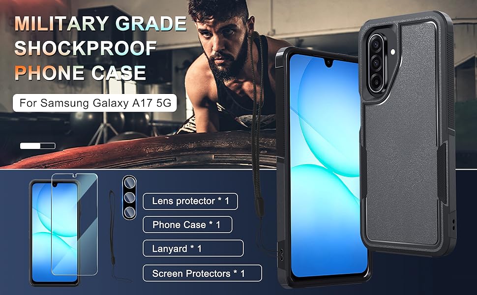 RMOCR Case for Samsung Galaxy A17 5G Phone Cover with Screen Protector+Camera Lens Cover,Military Grade Heavy Duty Shockproof PhoneCase with Wrist Lanyard Strap for Sam A17,Black Matte
