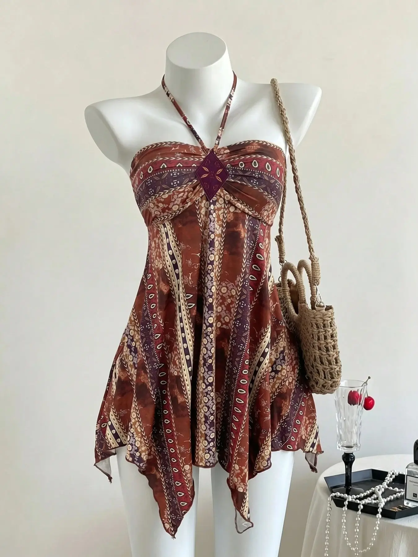 1 Piece Retro Ethnic Bohemian Boho Style Halter Thin Shoulder Straps Chest Diamond Decor Print Elastic Wrap Body Irregular Diagonal Short Cami