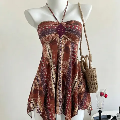 1 Piece Retro Ethnic Boho Style Halter Cami Top, Diamond Decor Chest Print, Elastic Wrap Irregular Hem Blouse for Women Boho Fit Camisole