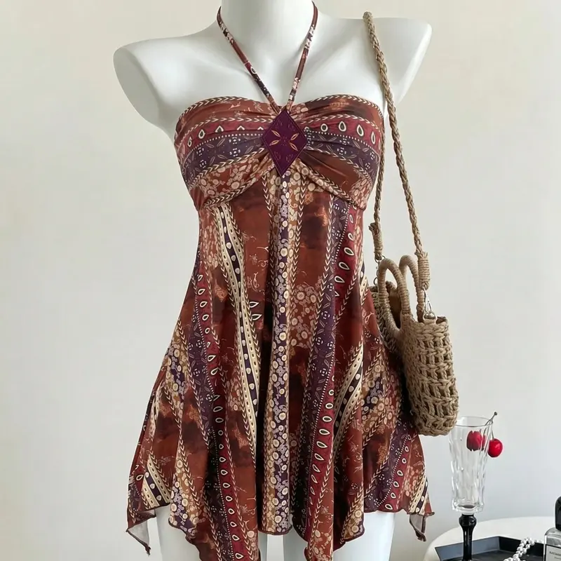 1 Piece Retro Ethnic Boho Style Halter Cami Top, Diamond Decor Chest Print, Elastic Wrap Irregular Hem Blouse for Women Boho Fit Camisole
