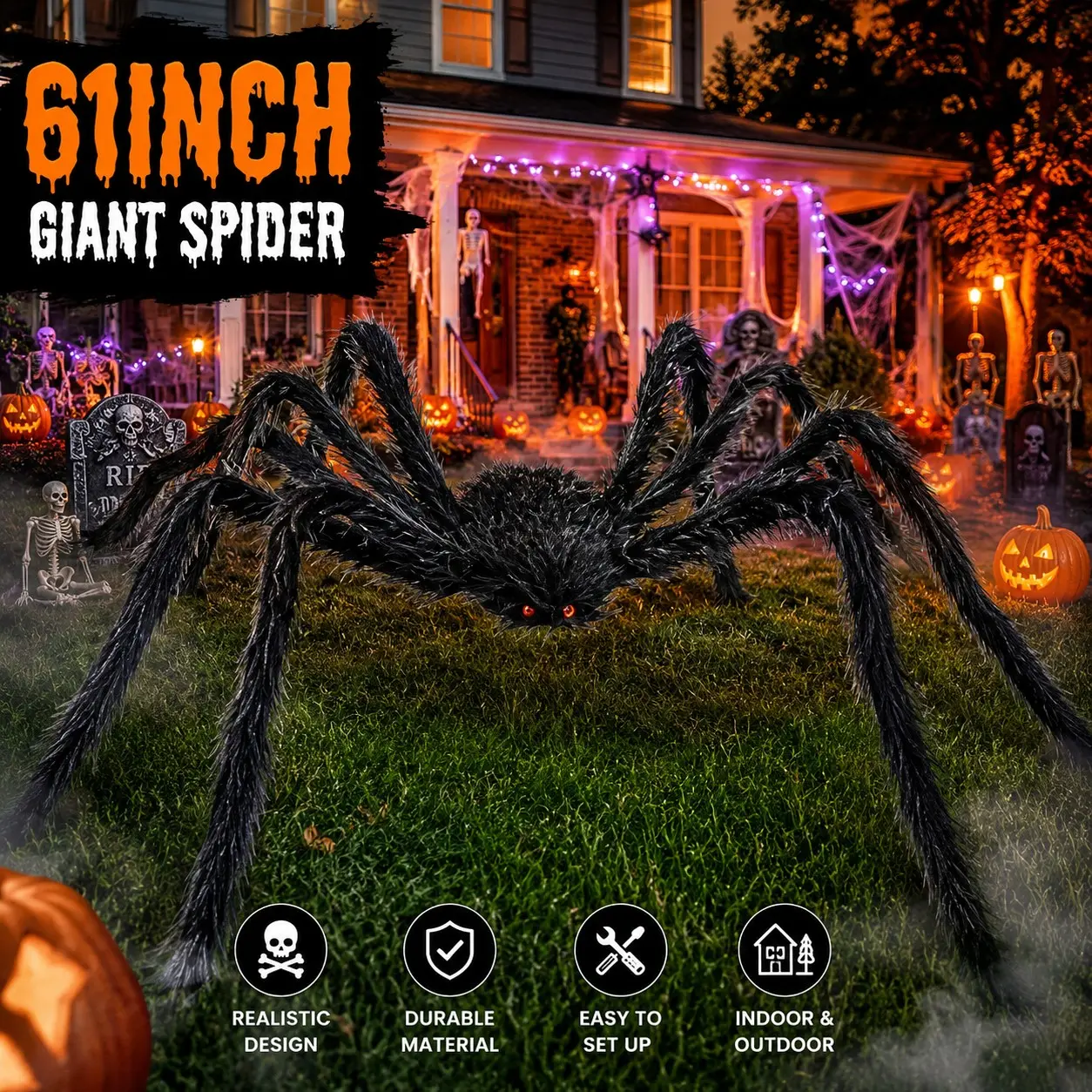 61 Inch Giant Halloween Spider Decoration, Realistic Hanging Spider for Yard, Lawn, Porch, Garden, Haunted House, Indoor & Outdoor Halloween Party Decor