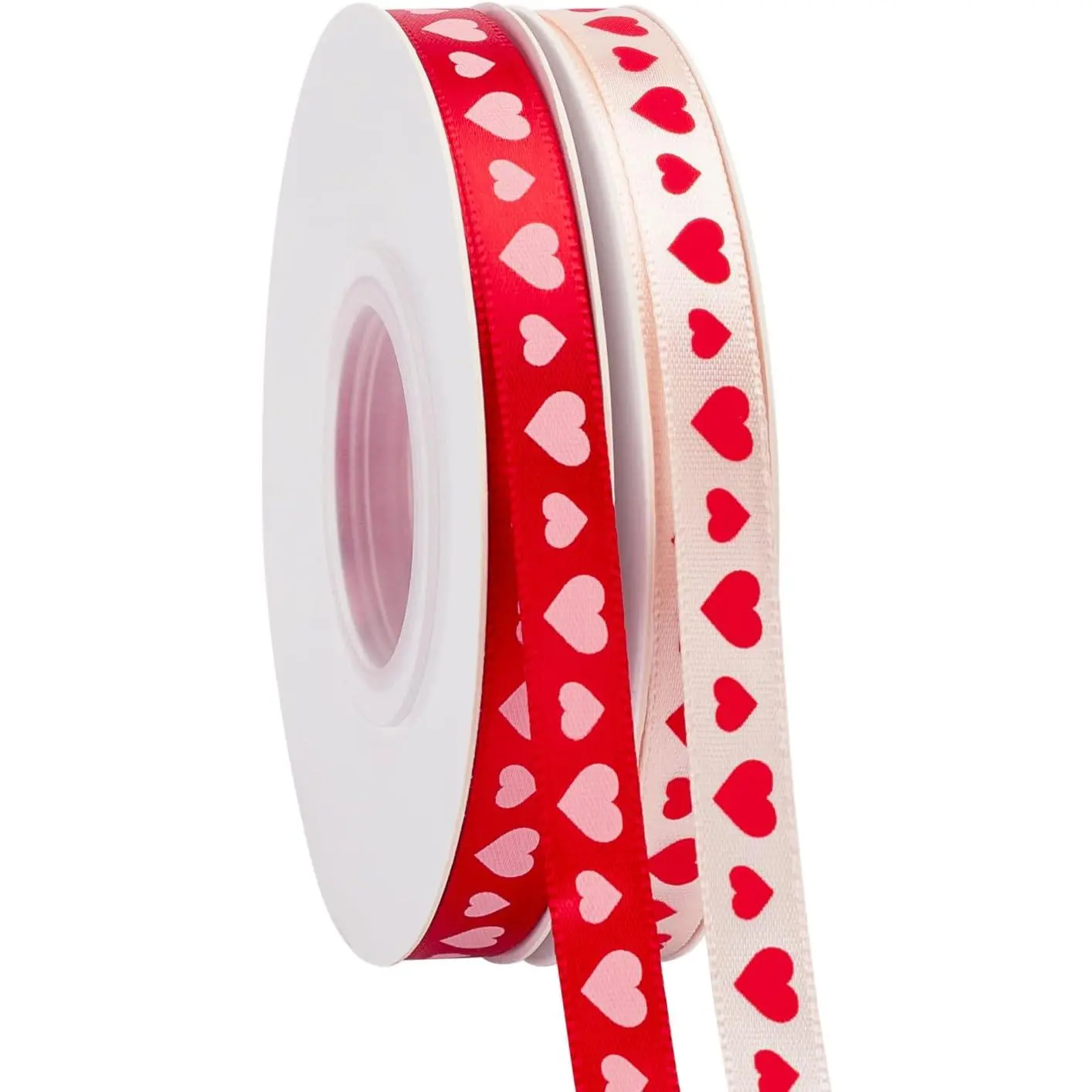 Valentine’s Day Ribbon,50 Yards Heart Satin Ribbon Use for Valentines Day Craft, Wrapping, Decor,3/8 Inches 2 Rolls,Red//Cream (Hearts 1, 3/8 Inch x 50 Yard)