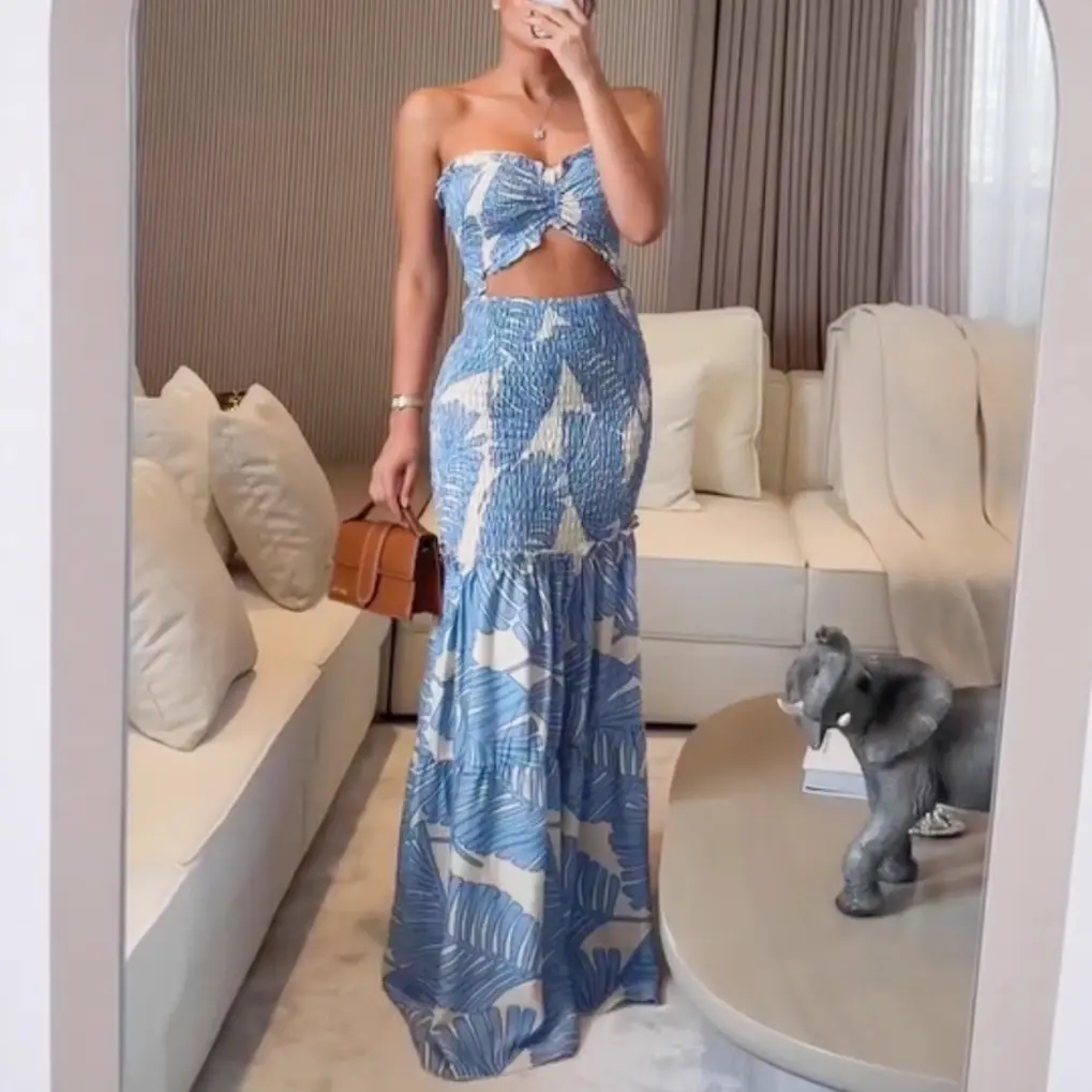 Spring/Summer New Halter Neck Printed Pleated Dress INS Casual Tie-Waist Vacation Bodycon Dress Formal Womenswear