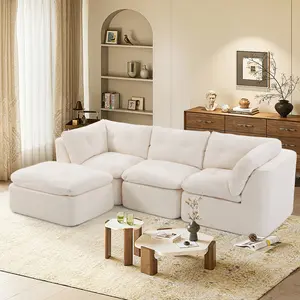 Aobtkel®Modern Cloud-style Living Room Sofa, Deep Seat Convertible L-shaped Frame-free Sofa (with Ottoman), Oversized Comfortable 4-seater Chenille Fabric Compressed Sofa, Modular Sectional Sofa